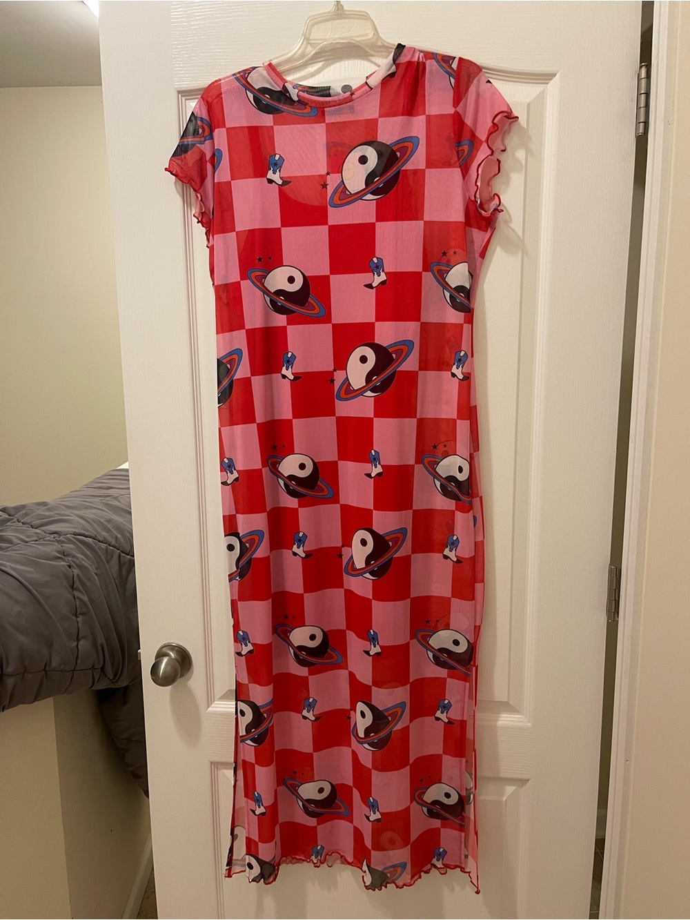 Dressed in LALA Red and Pink Yin-Yang Planet Midi Dress